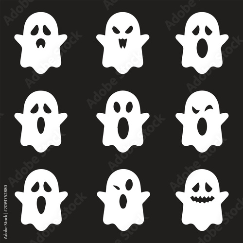 Cute and Spooky Halloween Ghost Silhouettes Set, Funny Ghost Expressions Vector Illustration on Black Background