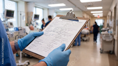 Healthcare professional reviewing a patient medical chart on a clipboard in a busy hospital ward. Clinical documentation and health records used during patient care and treatment.