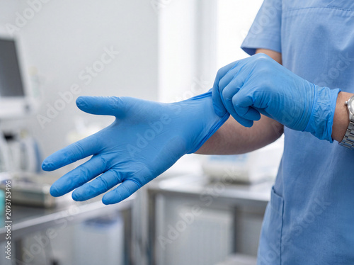 Healthcare professional putting on blue medical gloves in a clinical setting. Close-up of protective equipment preparation for hygiene, infection control and safe patient care.