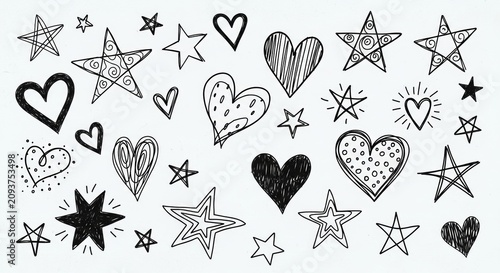 Hand Drawn Doodle Hearts and Stars Collection for Creative Design Projects and Decorative Scrapbooking Elements