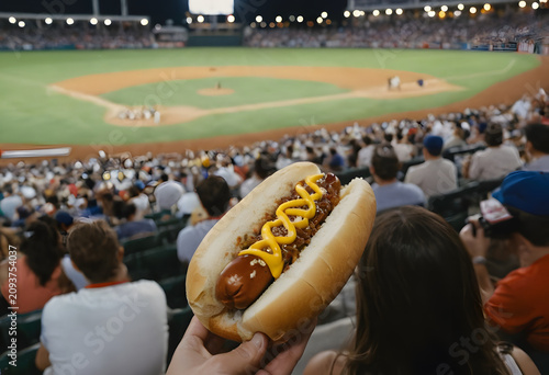 Enjoying a chili cheese hot dog at baseball stadium