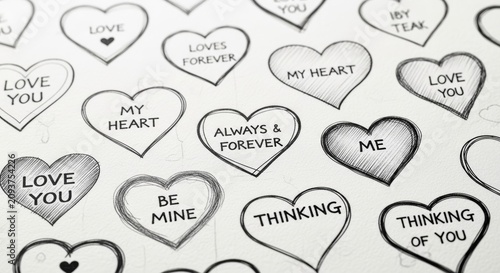 Hand-drawn romantic heart sketches with love messages and affectionate phrases on white background