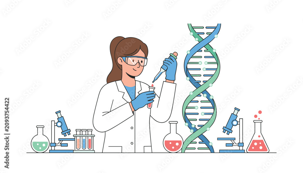 Fototapeta premium Female scientist using a pipette to add a solution into a test tube next to a giant DNA structure and lab equipment.