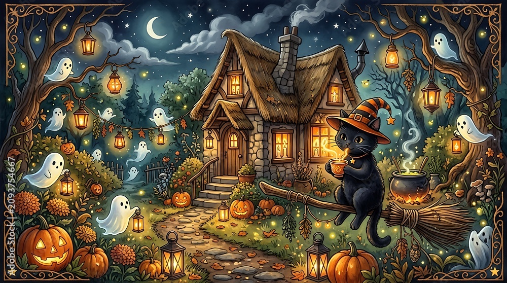 Fototapeta premium Halloween scene featuring witch cat flying over enchanted cottage with ghosts and pumpkins