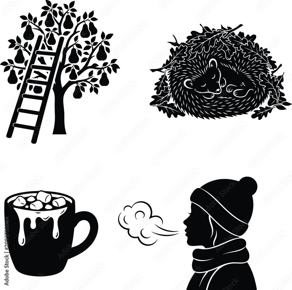 Fototapeta premium Autumnal Silhouettes Collection: Fall Leaves and Nature Shapes