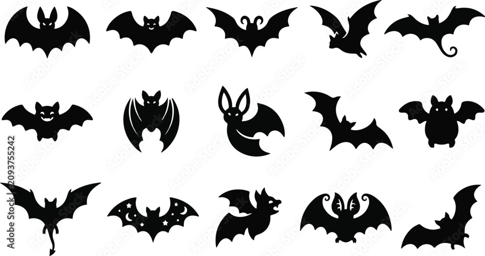 Fototapeta premium Halloween bat silhouette collection for seasonal festive decor with halloween silhouette creature nocturnal decoration collection isolated