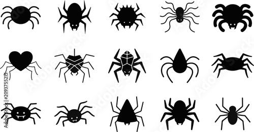 Konstfotografi Assorted black spider silhouettes and vector icons with silhouette arachnid hall