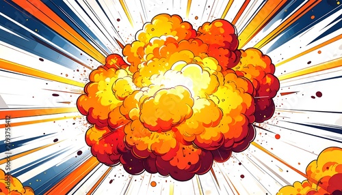 A vibrant comic-style illustration of a large explosion with orange and yellow hues