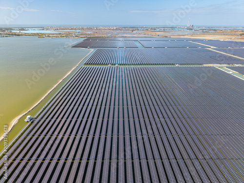 Aerial view of solar power station on the beach of Yingge bay of Ledong, Hainan Province, China.