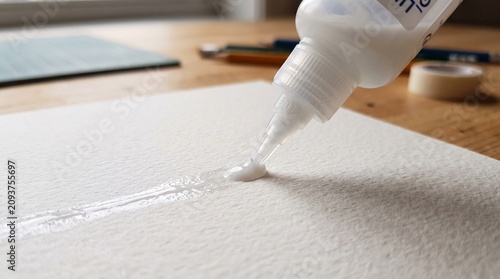 Applying white glue from a squeeze bottle onto thick watercolor paper on a wooden workbench