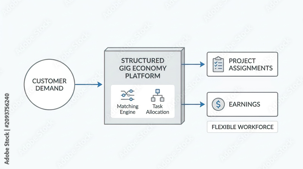 Naklejka premium Gig economy platform diagram with customer demand matching engine task allocation project assignment earnings flexible workforce corporate workflow business model