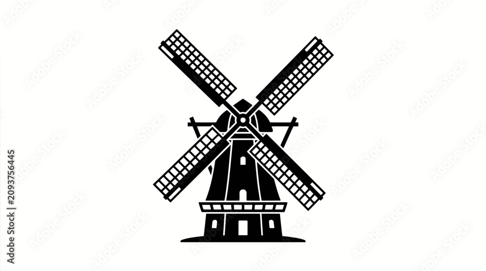 Obraz premium Classic Dutch Windmill Silhouette Icon With Four Blades Rotating Against White Background