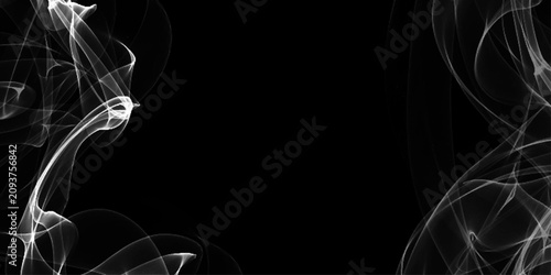 White smoke abstract on black background, light particles forming an ethereal pattern on a dark background, curved stream of dense white Smoke flowing smoothly in motion.