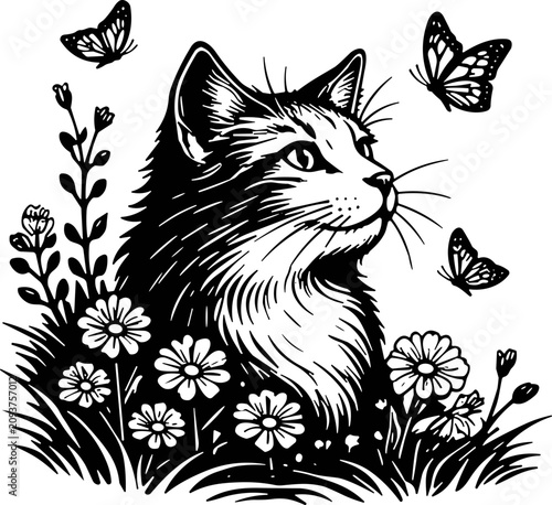 Floral cat and butterfly SVG