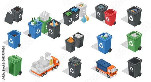 Foto Isometric illustration of colorful recycling bins and garbage trucks