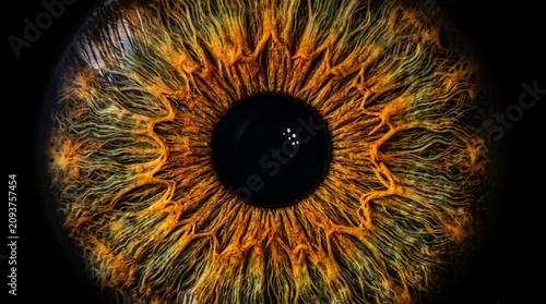 Extreme Close Up Macro Photograph of a Human Iris with Golden Brown and Green Hues and Intricate Fibrous Patterns