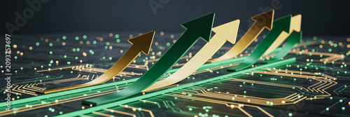 Abstract representation of business growth with rising green and gold arrows over a circuit board