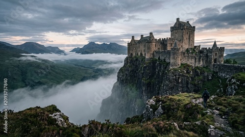 Eilean Donan Castle perched on a rocky outcrop above misty Scottish Highlands landscape at dusk