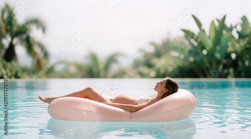 Beautiful pregnant woman relaxing on a pink inflatable ring in a luxury swimming pool during a sunny summer vacation getaway