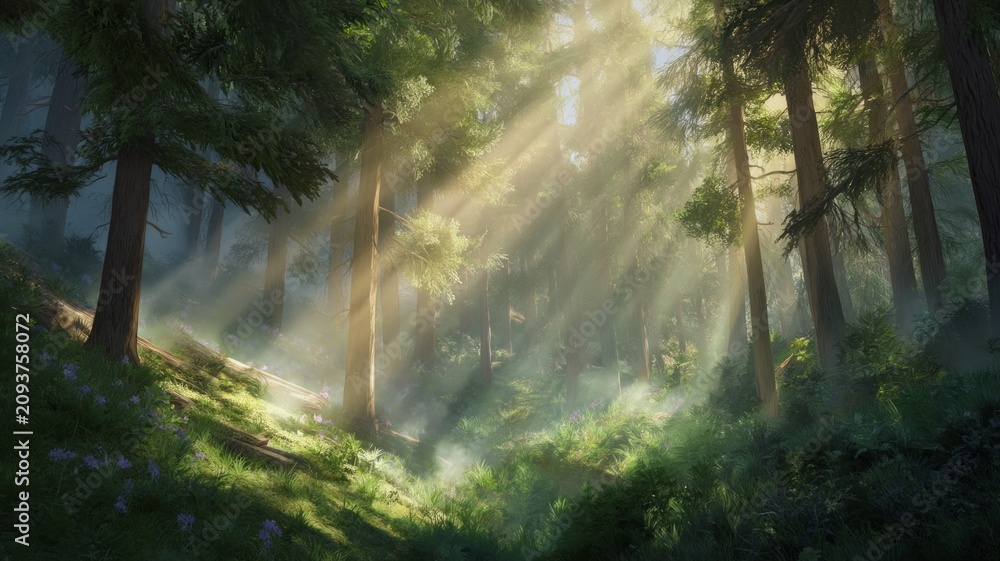 Obraz premium Sunlight through dense forest canopy. AI generated
