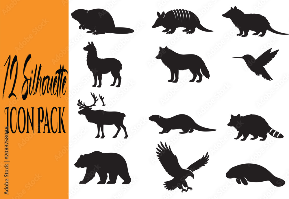 Fototapeta premium Black silhouettes of various wild animals and bird isolated on transparent background, isolated on white background, Vector, illustration