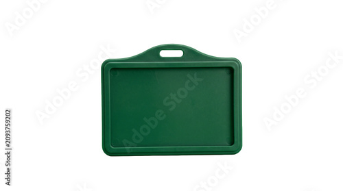 Green plastic horizontal ID card holder isolated on white background.