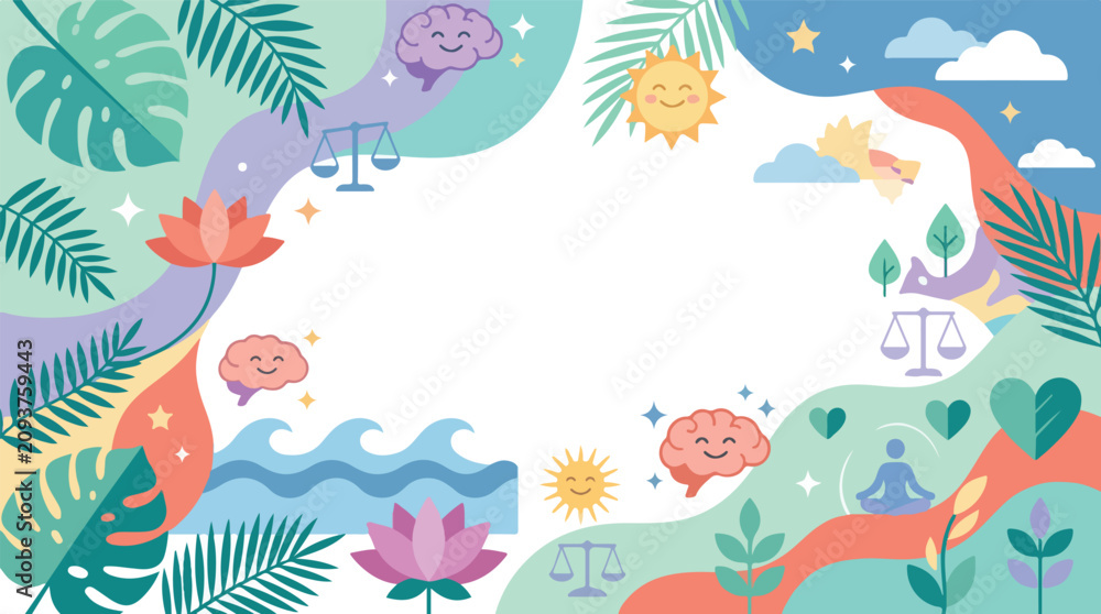 Obraz premium Mindfulness and Mental Health Conceptual Illustration with Brain, Balance Scales, and Tropical Nature Frame for Wellness