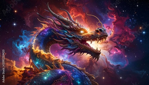 A vibrant, cosmic dragon with a radiant, glowing mane and sharp teeth set against a swirling, starry night sky