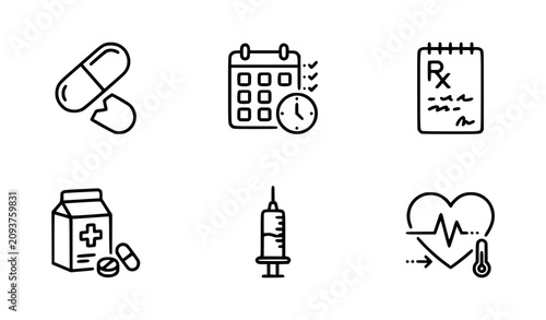Canvas Print Medication and treatment outline icons set with prescription and dosage symbols