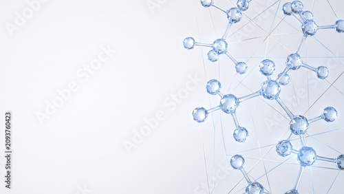 Modern medical wallpaper featuring transparent molecular structures with soft blue illumination over a clean white background, creating a sophisticated healthcare design with spacious copy space.