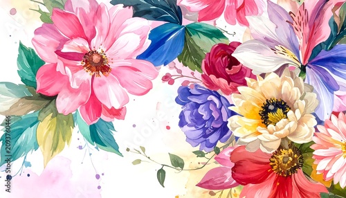 A vibrant floral arrangement with pink, purple, and white flowers and green leaves on a white background