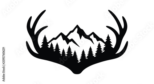 Deer antlers with mountain and forest landscape silhouette rack stag mountains range
