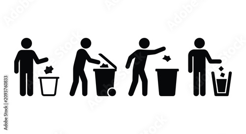 People disposing of waste into trash receptacles black silhouette disposal garbage bin