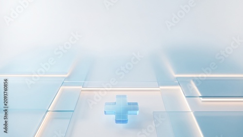 Minimal medical wallpaper showcasing a translucent healthcare cross surrounded by elegant frosted glass layers with soft lighting and expansive copy space for modern healthcare projects.