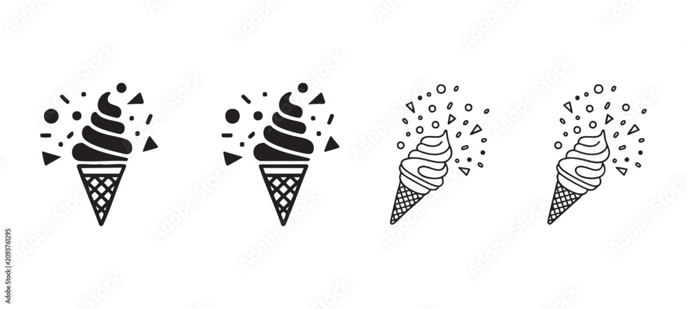 Fototapeta premium Set of four ice cream cone icons with confetti sprinkles isolated on transparent background vectors.