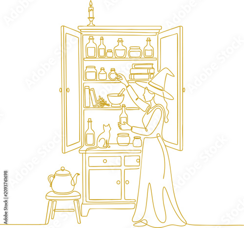 Canvastavla Enchantress in a pointy hat gathering supplies for a spell or brew