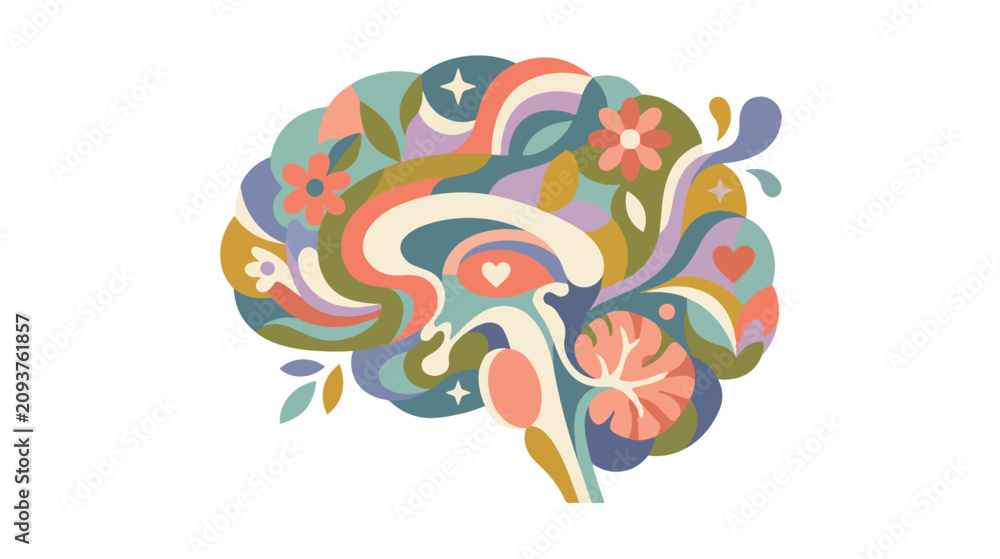 Fototapeta premium Abstract colorful human brain illustration with flowers and organic shapes representing mental health, wellness, and creative thinking
