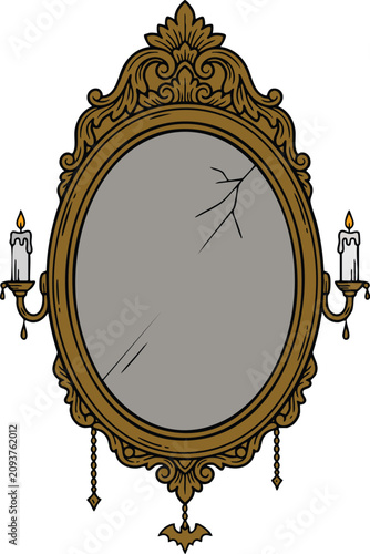 Ornate cracked mirror with candles and a bat charm vintage gothic decor illustration