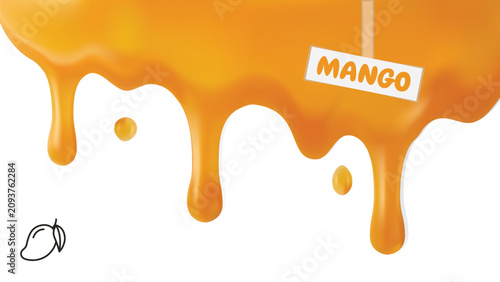 Realistic Mango Pulp Splash with Fresh Mango Slice Label for Juice and Beverage Packaging