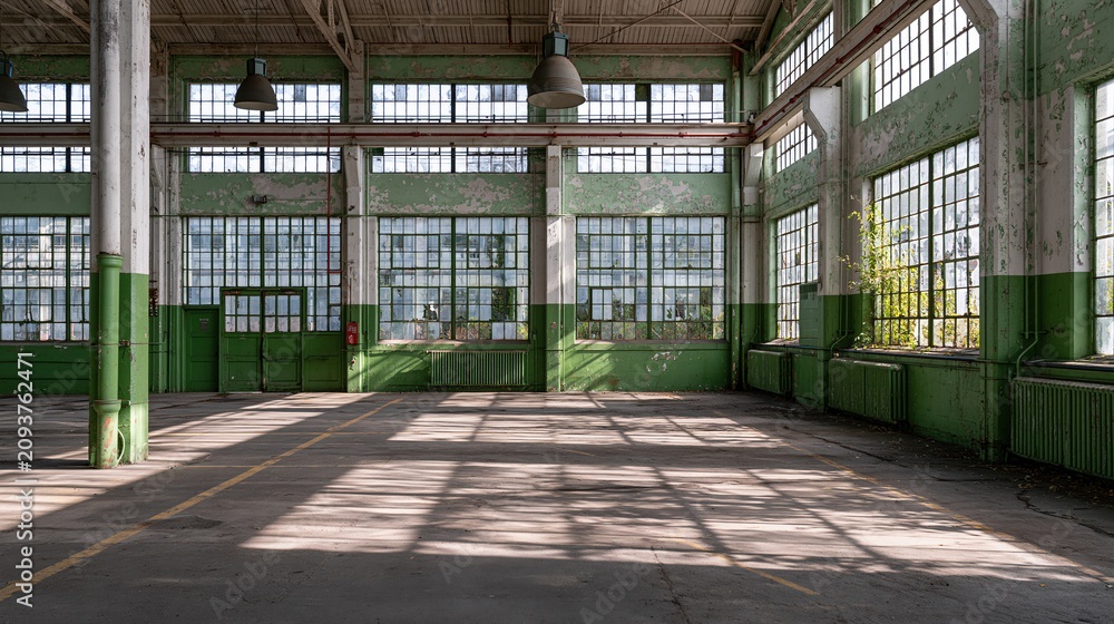 Obraz premium Spacious, Abandoned Industrial Warehouse Interior with Large Windows and Sunlight Patterns