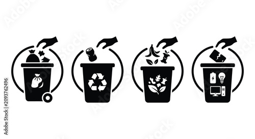 Four Recycling Bins With Waste Types Black Silhouette trash garbage containers disposal