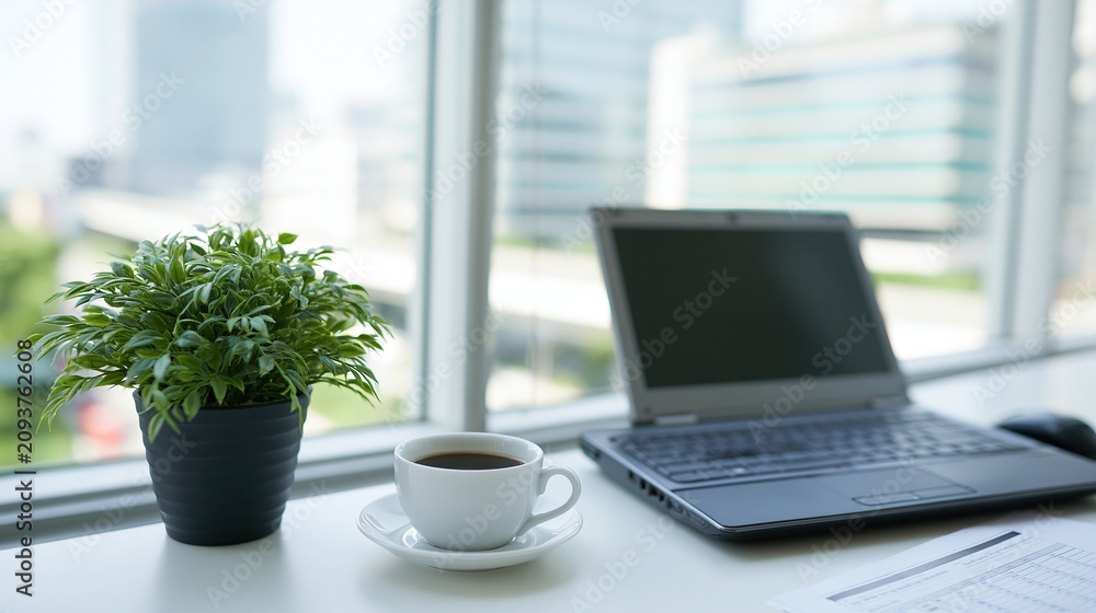 Fototapeta premium Modern Office Desk with Laptop, Coffee, and Potted Plant with City View