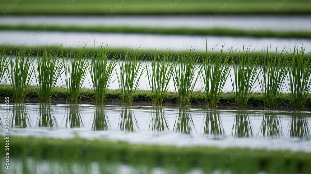 Obraz premium Rows of young green rice plants growing in flooded paddy fields with reflections