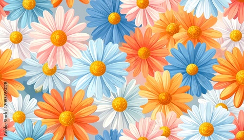 A vibrant floral pattern featuring colorful flowers on a white background