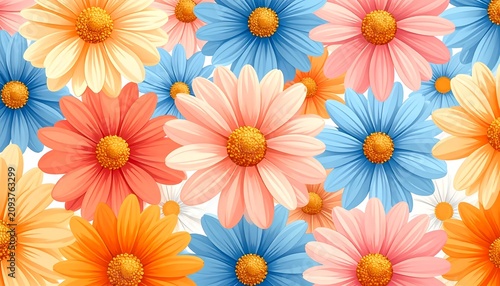 A vibrant floral pattern featuring colorful flowers