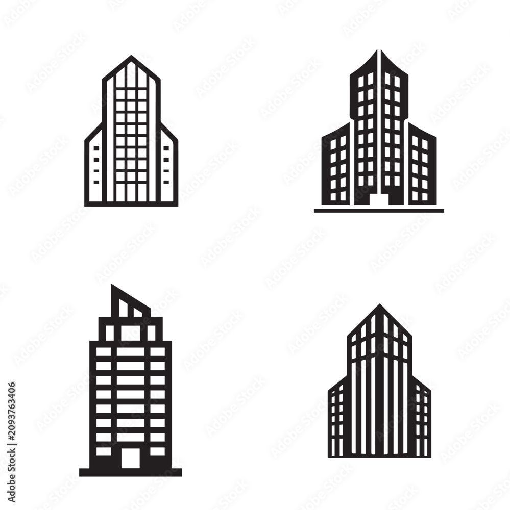 Obraz premium Minimal Modern Skyscraper Building Icon Set Collection Isolated on White Background