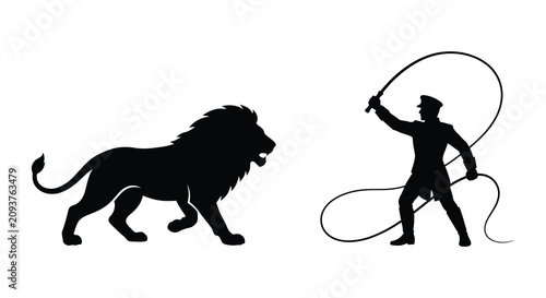 Canvastavla Lion and ringmaster silhouettes against a white background silhouette big cat fe