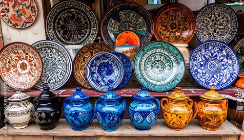 A vibrant display of ornately decorated ceramic plates and jars on a wooden shelf