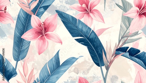 A vibrant floral pattern featuring pink flowers and green leaves on a beige background