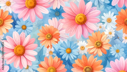 A vibrant floral pattern featuring pink, orange, and blue flowers on a white background